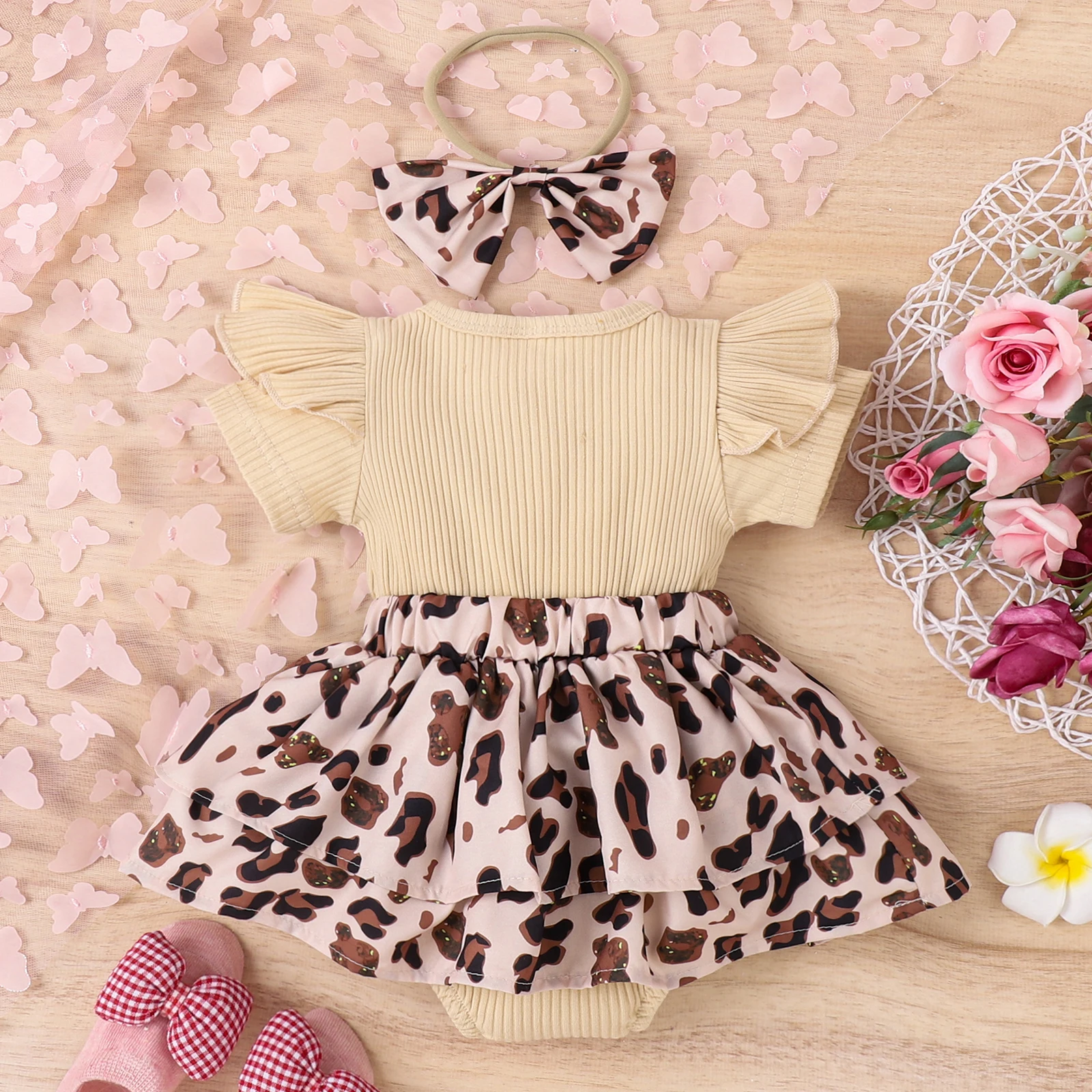 Infant Baby Girls Summer Fake 2pcs Romper Dress Short Sleeve Ruffle Decor Crew Neck Bow Front Patchwork Bodysuit Headband Outfit