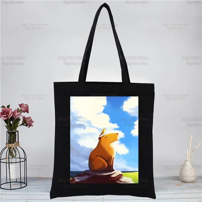 Capybaras Kawaii Women Foldable Canvas Shoulder Bag Canvas Eco Cartoon Animal Cute Black Shopping Bag Tote Bag Casual HandBag