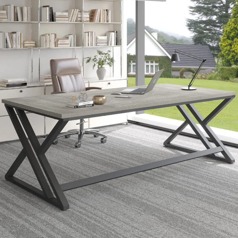 

Modern Long Office Desk, Large Wood Metal Computer Desk, Industrial Double Workstation Desk for Two People, Rustic PC Executive