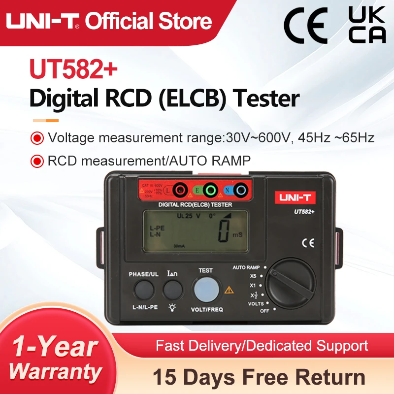 UNI-T UT582+ Digital RCD (ELCB) Tester AUTO RAMP Leakage Circuit Breaker Meter with Mis-Operation Buzzer