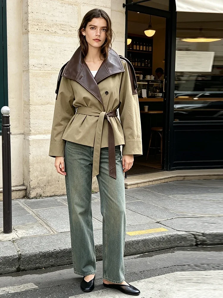 Damen Kurzer Trenchcoat aus Kunstleder mit Gespleißten Schulterklappen, Gürtel in der Taille, Locker Geschnittene Khaki Kurze Jacke, Vintage 2026 Damen Oberbekleidung – Detail 7