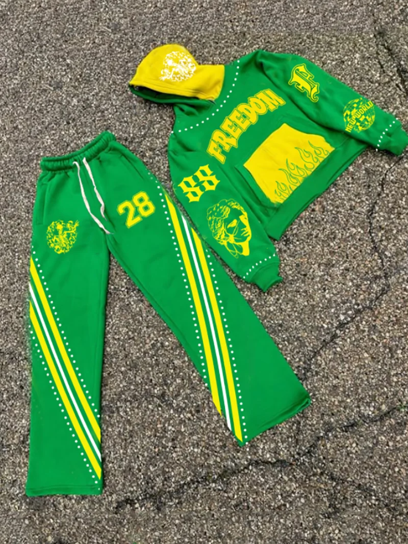 الخريف والشتاء الشارع التباين طباعة دعوى الأخضر مقنعين البلوز Bootcut السراويل الرياضية البلوز السراويل قطعتين مجموعة 28 الطباعة الرقمية #1