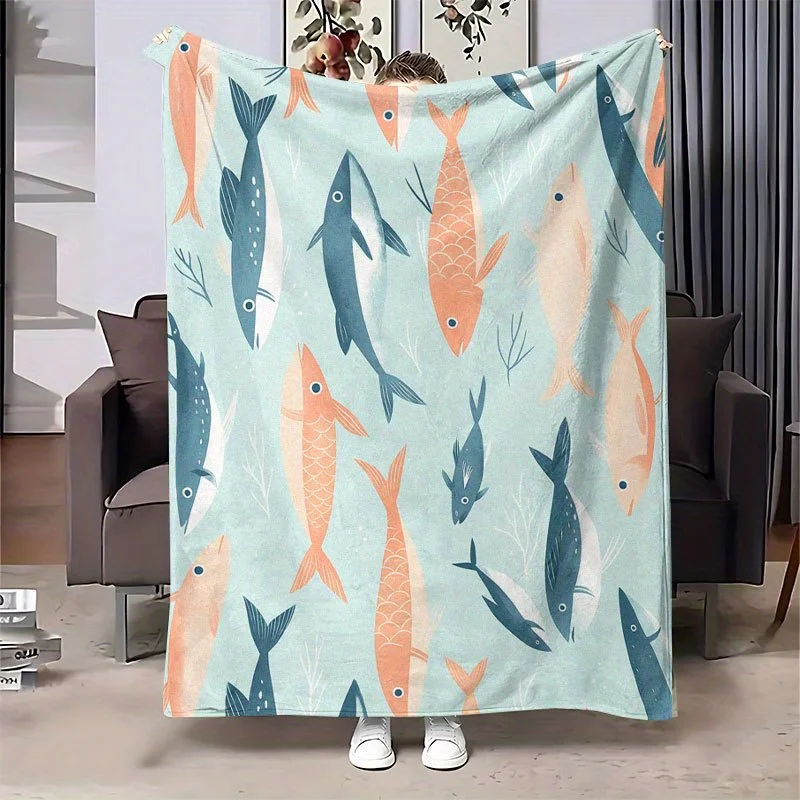 Pastel Blue Ocean Fish Seaweed Flannel Blanket, Simple Nordic Colorful Fish Repeat Print Soft Throw for Sofa Bedroom Travel
