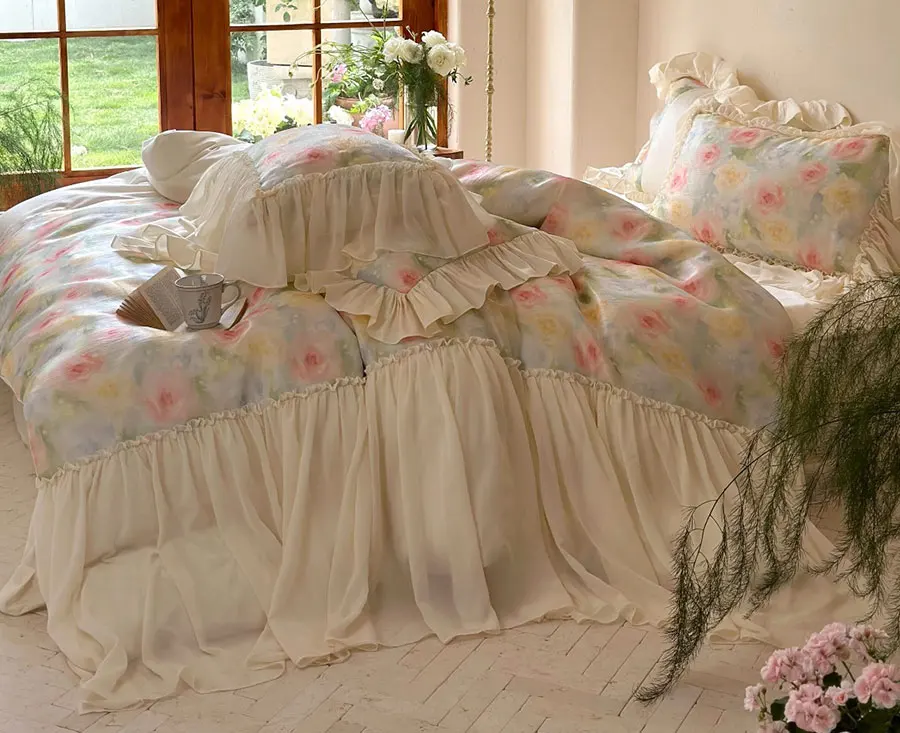 Romantic sweet colorful flower bedding set girl,full queen king fairyfair ruffled home textile bed sheet pillow case quilt cover