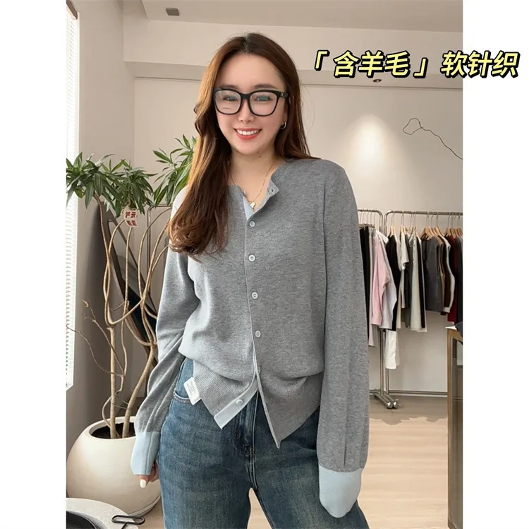 Autumn Cuffs Long Sleeved Knitwear Single Colorblock Slim Sweater Coat for Women