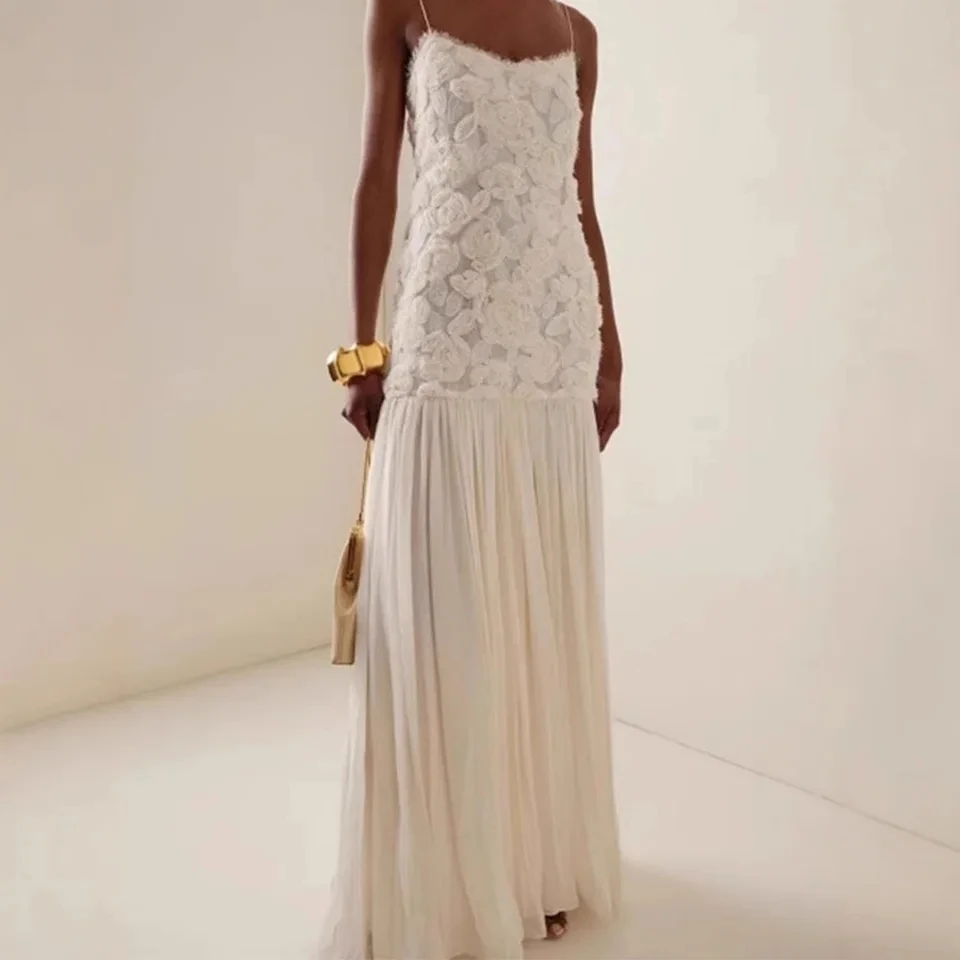 

2025 Spring Summer New Women Sleeveless Floral Embellished Strapless Long Short Dress Sexy Elegant White Black Options