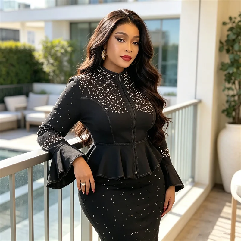 

African Clothing for Women Plus Size Denim Suit Beaded Zipper Top & High Waist Maxi Skirt Party Dress Outfits Ankara Dashiki New