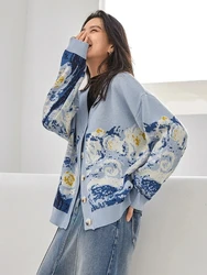 Winter Cardigan for Women 2024 Designer Knitted Sweater Coat Female New Fashion Printing Thick V-neck Casual Oversize Jumpers