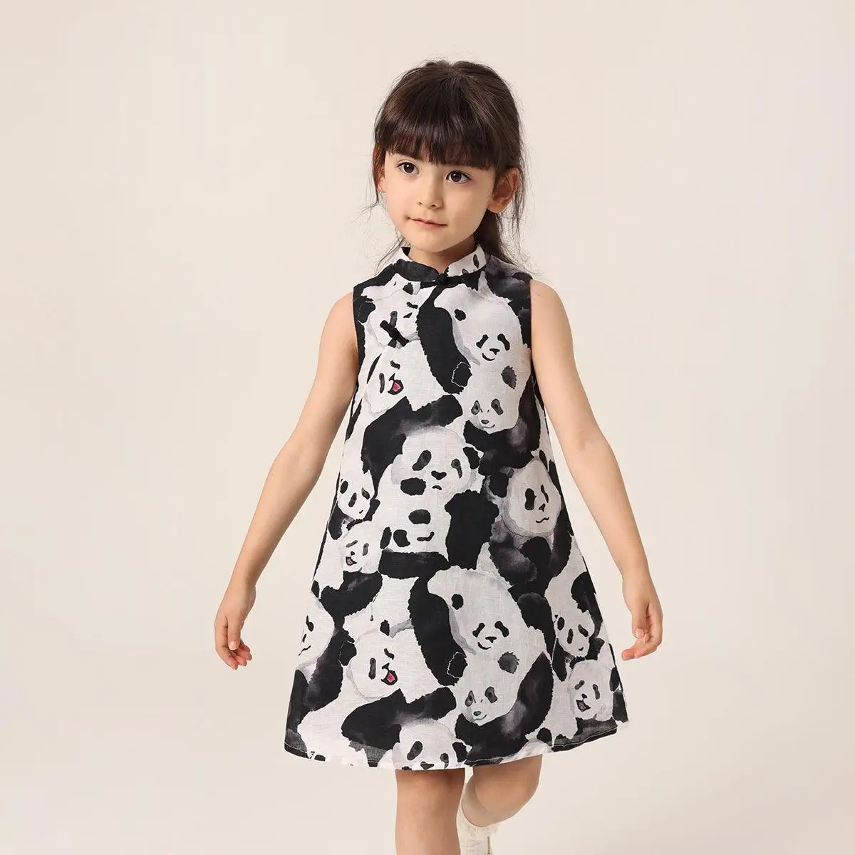 

MARC&JANIE Chinese Style Girls Panda Print Linen Cheongsam Dress 221011