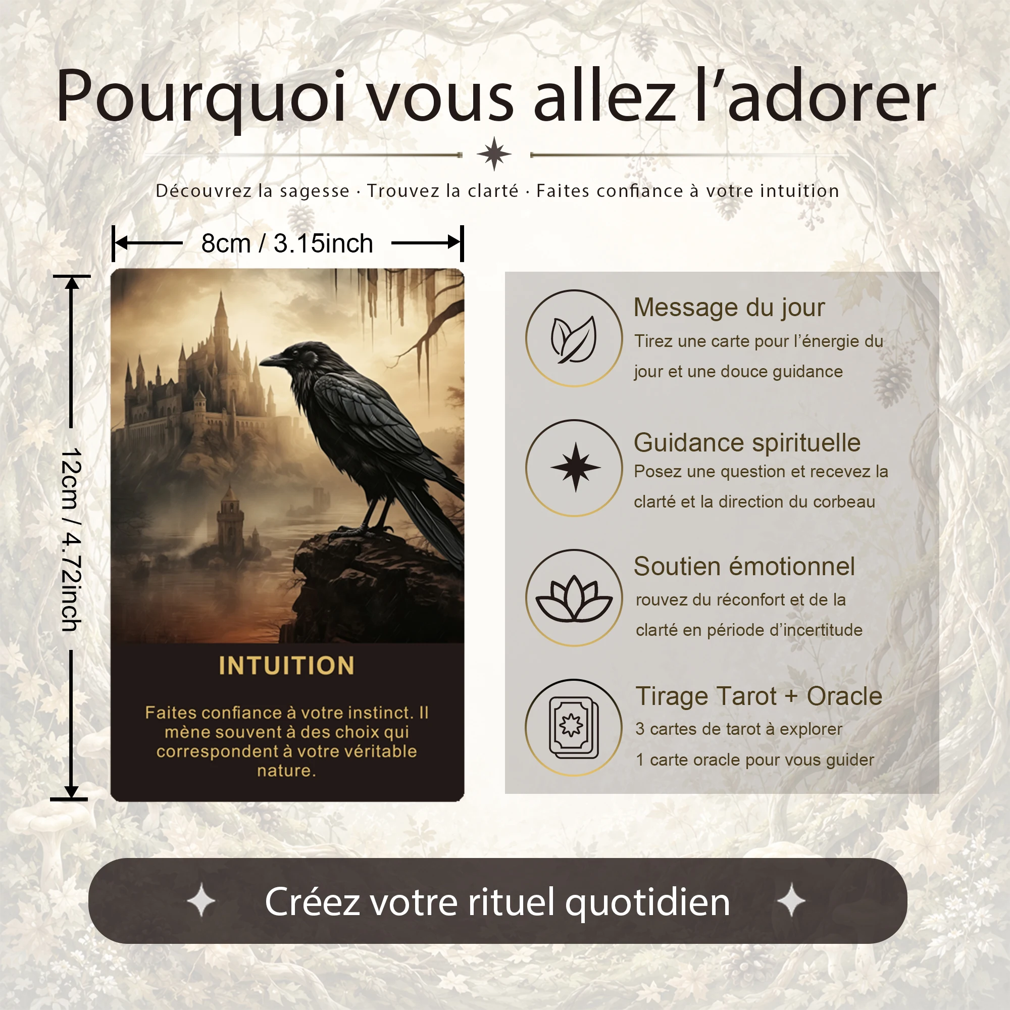 Französisches Orakelkartendeck, Crow's Insight Kartendeck, 50 Karten für persönliche Orakellesungen, französische Tarotkarten, 12*8, 14+ – Detail 2
