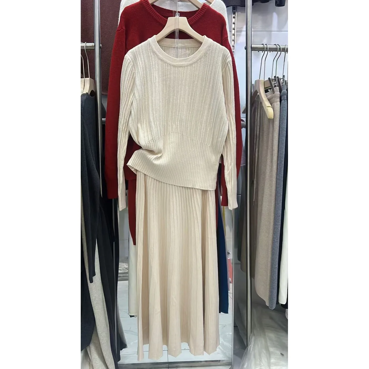 Koreanische Sle Hohe Taille Gestrickte runde Ne Gestreiften Top Und Rock Zwei Stück Set frauen Faion Herbst Winter Kollektion