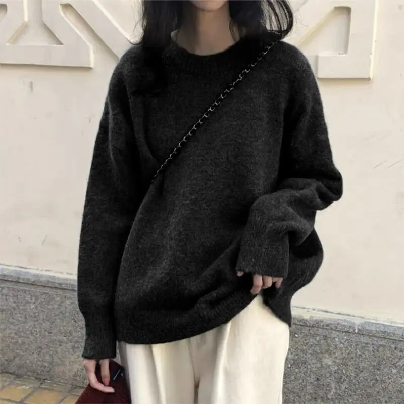 Fashion O-Neck Solid Color Loose Casual Sweaters Female Clothing 2023 Winter New Oversized All-match Pullovers Korean Warm Tops