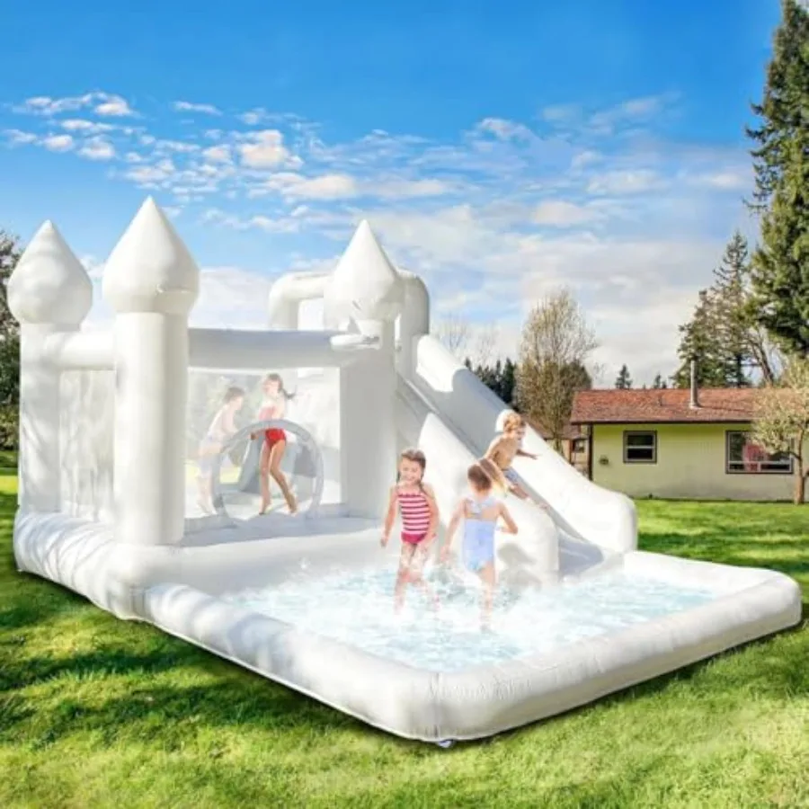 

14ft Inflatable Water Slide Bounce House with Slide and Ball Pool for White Ox Material Summer Outdoor Fun with Built-in Air Bl
