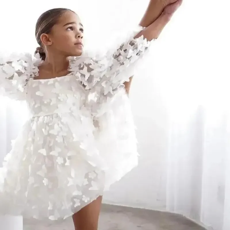 Fashion Baby Girl Dress Butterfly Puff Sleeve Child Tulle Princess Dress For Vestido Pageant Party Birthday A3743