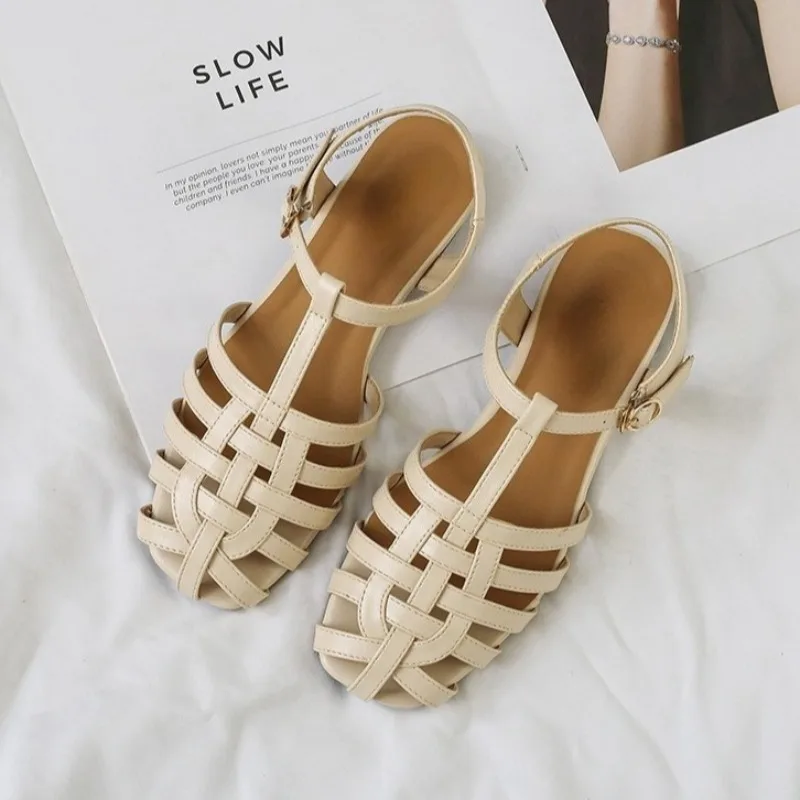 

Retro Braided Gladiator Sandals for Women Soft Faux Leather Closed Toe Low Heel Comfortable Anti-slip Summer Casual Beach Shoes