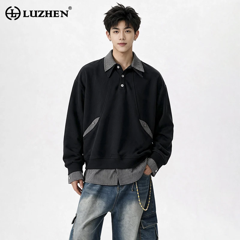 LUZHEN 2026 New Trendy Double Layer Fake Two Piece Design Hollow Out Long Sleeve Sweatshirt Pullover Men's Korean Clothes JY8972