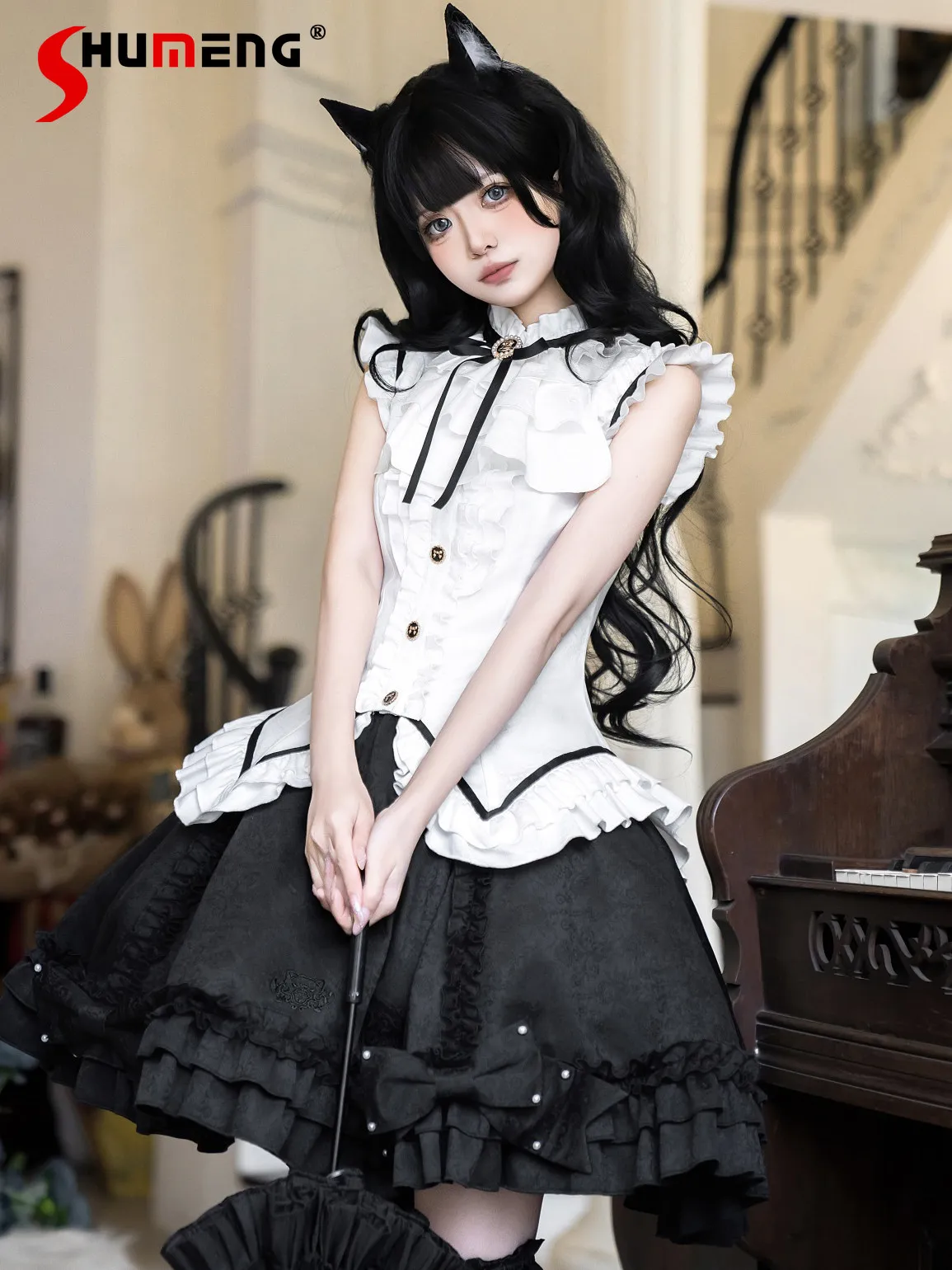 

Women's Black White Lolita Maid Outfit Spring Summer New Ruffle Sleeveless Blouse Lace Skirt 2-piece Set Y2k Cosplay Costume