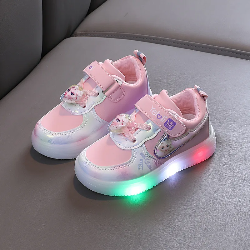 Disney LED Casual Sneakers Girls Frozen Elsa Princess PU Leather Pink Shoes Children Lighted Non-slip Shoes Size 21-30