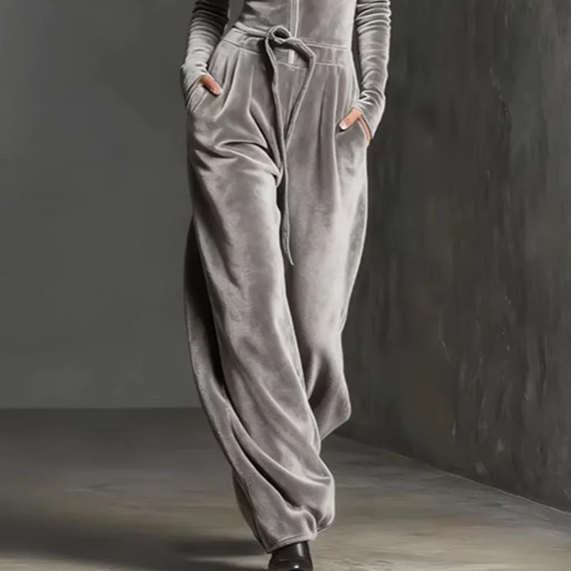 2026 Spring Retro Solid Velvet Women's Jumpsuit Elegant Half Zip Stand Collar Drawstring Waist Overalls Casual Streetwear Romper