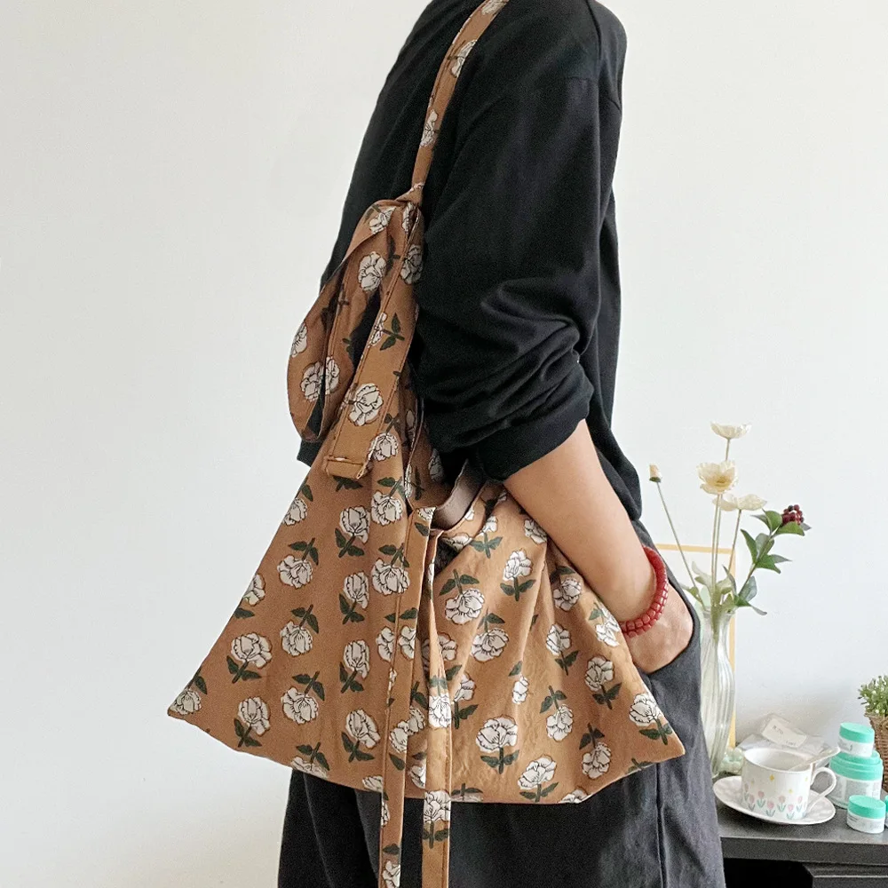 Retro Flower Women's Shoulder Shopping Bags Double Side Female Large Crossbody Bag Thin Cloth Travel Tote Handbags Fall Winter