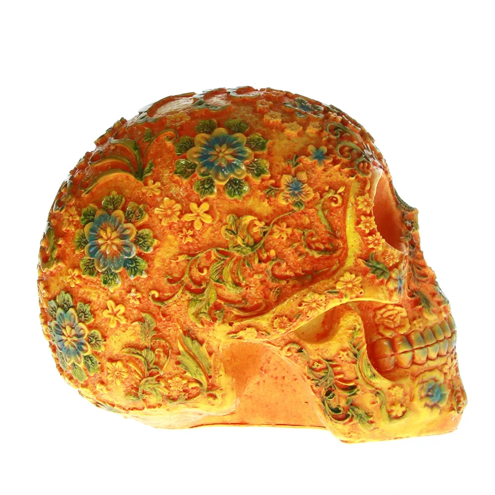 MGT-Mexican Day of the Dead Floral Carved Skull Head Resin Figurine, Orange Sugar Flower Skull, Halloween Sculpture