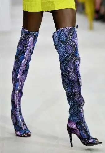 

Sexy Women Blue Lavender Mixed Snakeskin Python Leather Peep Toe Thin Heels Over The Knee Boots Fashion Street Long Botas Shoes