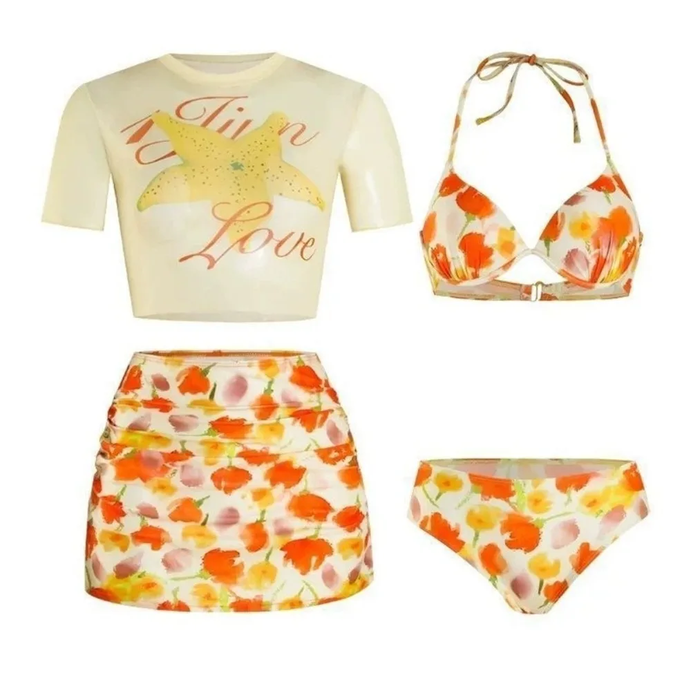 

4 Piece NEW High Waisted Bikini Sets for Women Tummy Control Sheer Swimsuits Sweet Sexy Bathing Suits for Pool Party