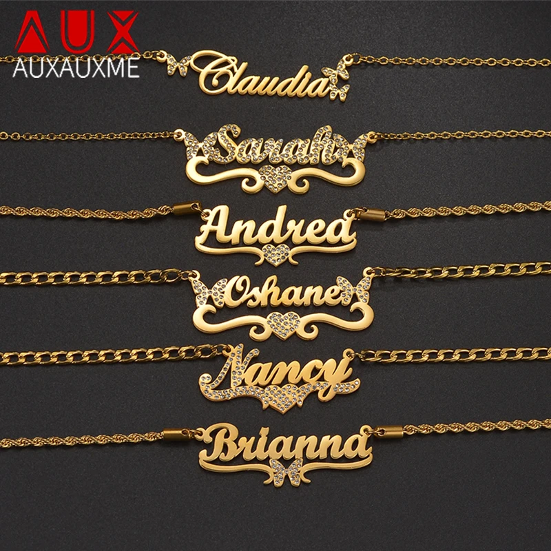 

Auxauxme на заказ циркон сердце бабочка имя ожерелье из нержавеющей стали персонализированный блестящий камень кулон с буквами ювелирные подарки