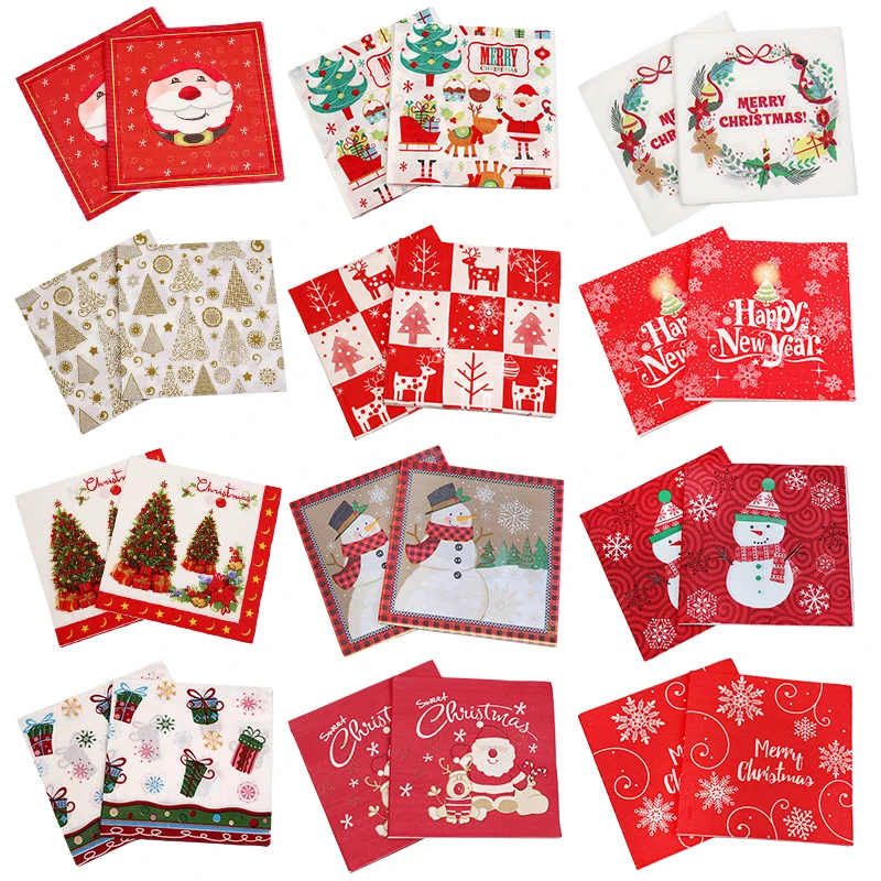 

20pcs/lot Merry Christmas Napkin Santa Claus Snowman Xmas Tree Pattern Paper Tissue Serviettes For Xmas Party Dinner Table Decor