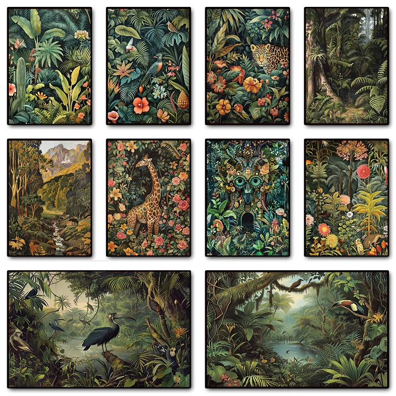 Tropical Jungle Wild Leopard Botanical Animals Artwork by Henri Rousseau Poster Canvas Painting Wall Art Pictures Home Decor