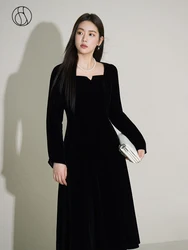 DUSHU French Style Elegant Square Neck Velvet Dress for Women New Autumn and Winter 2023 Bottoming A-Line Skirt for Female