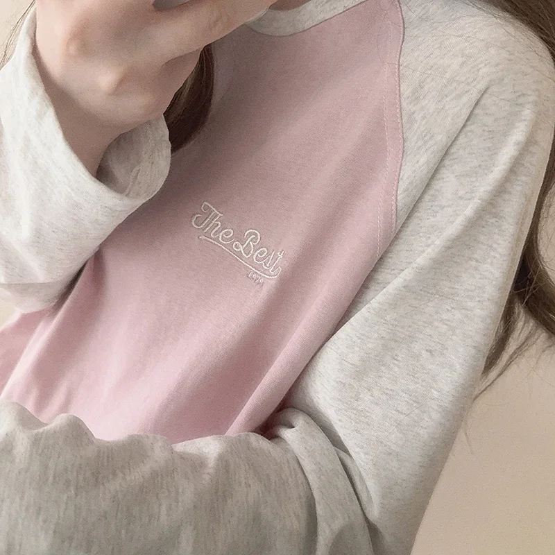 Cute Tops Tee Women Long Sleeve White Gray Pink Patchwork Letter Embroidery Loose Thin Tshirt for Sweet Girls Kawaii Clothes