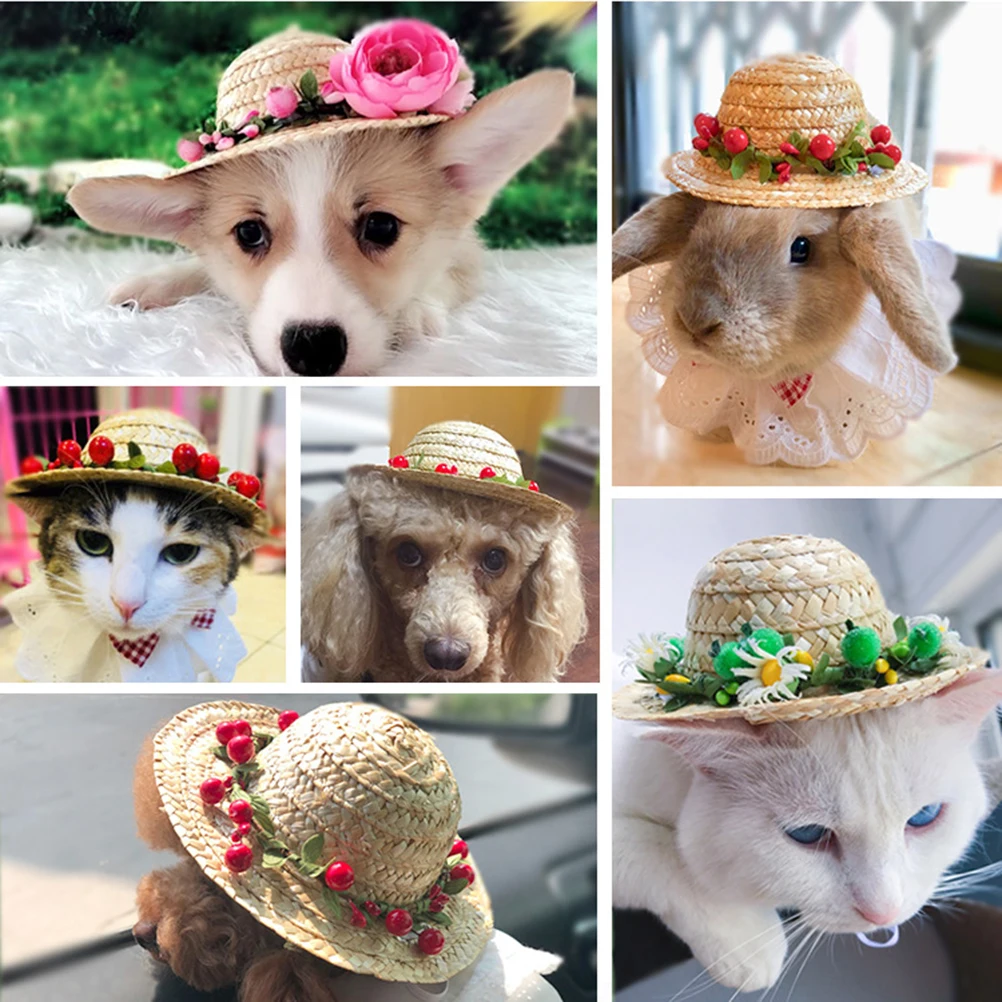 

Pet Straw Hat Hawaii Flower Cap Cute Sun Hats Green Beanie Dog Puppy Photo Props Woven Soft Comfortable Pet Accessories
