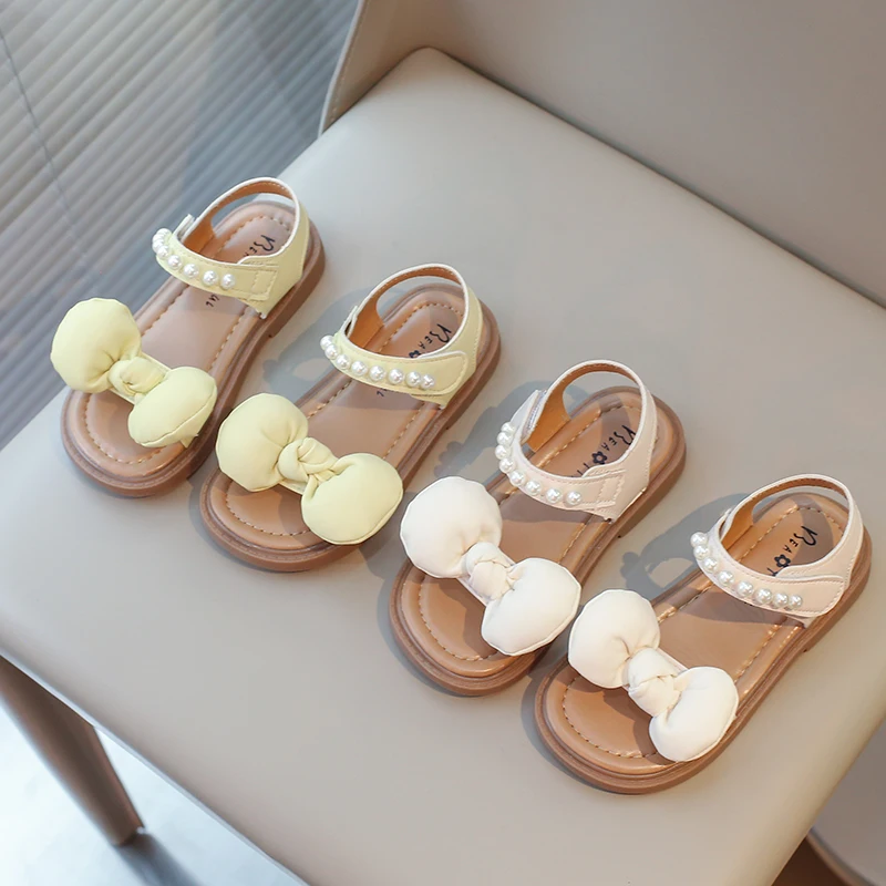 

Summer Toddlers Girls Leather Sandals Princess Soft with Pearls Bowtie Sweet Children Holiday Sandals Chic Open Toes Kids Shoes
