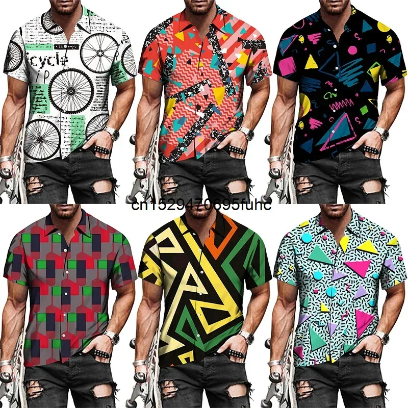lili 123New Stylish Men Shirts Geometry 3D Print Lapel Single-Breasted Short/Long Sleeve Tops Hip Hop Fashion Hawaii Streetwear