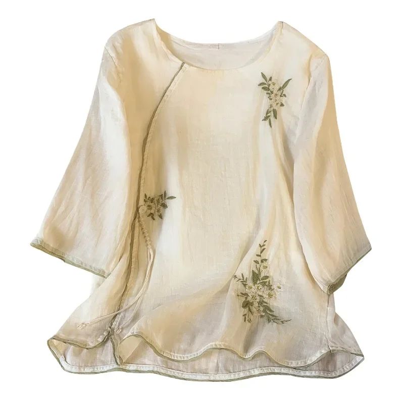 Chemise en lin de coton de style chinois pour femmes, chemisiers vintage brodés, haut à col rond, vêtements d'été