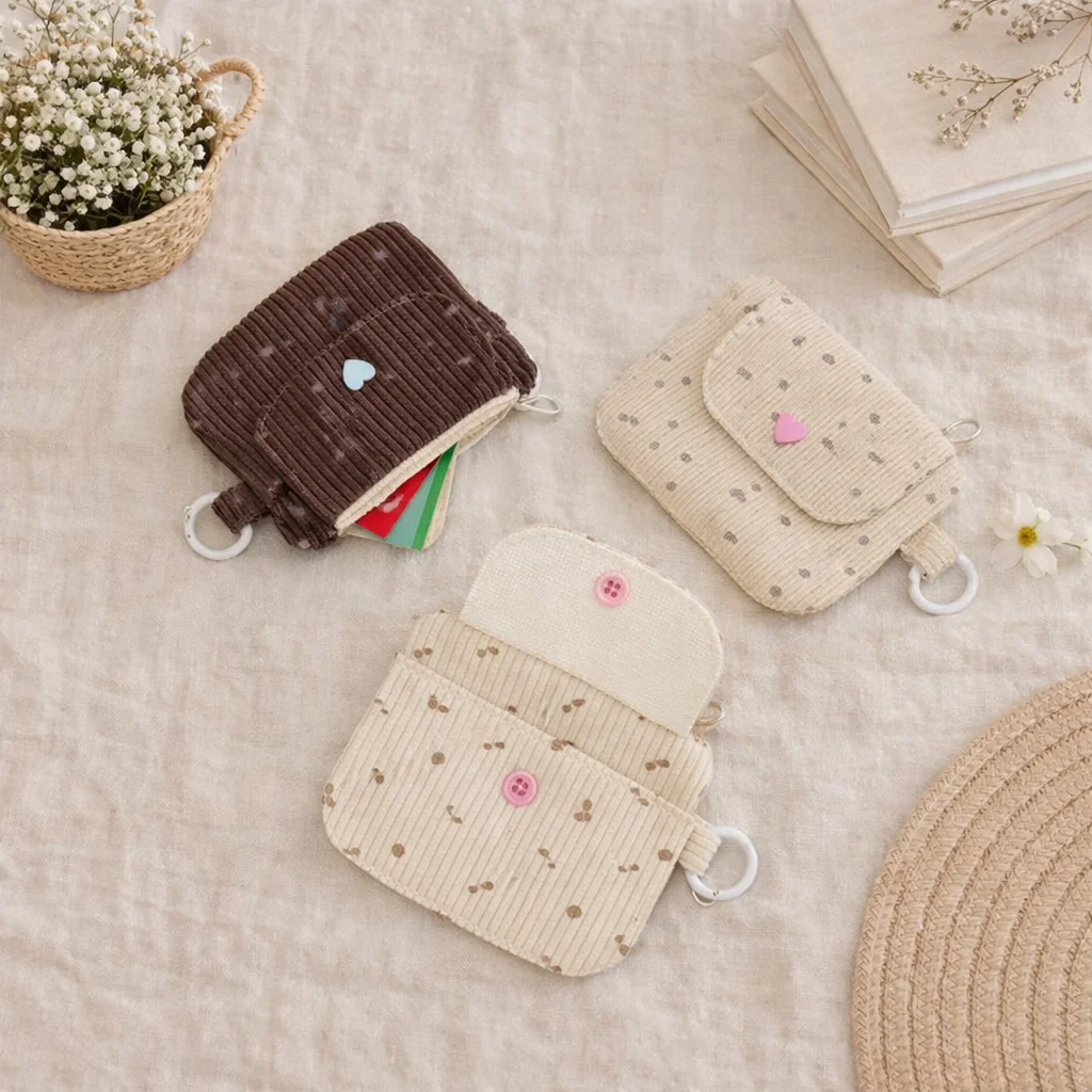 Corduroy Printed Card Bag Hasp Zipper Coin Purse with Key Ring Kids Cute Purse Small Wallet Zipper Credit Card Holder ID Bag