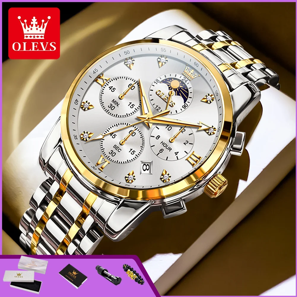 OLEVS 3655 Quarzuhren für Herren Mondphase Chronograph Datum Wasserdicht Luxus Business Multifunktionale Herren Dress-Armbanduhr