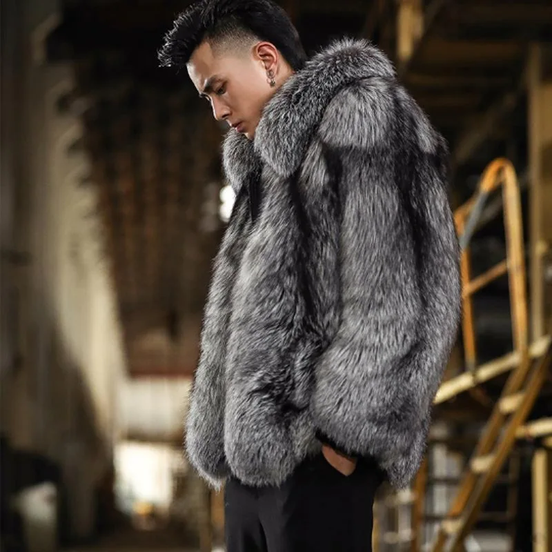 Luxury Brand Men's Autumn Winter Fluffy New Business Casual Silver Fox Fur Jacket Faux Fur Coats Fashion Charming Warm Tops