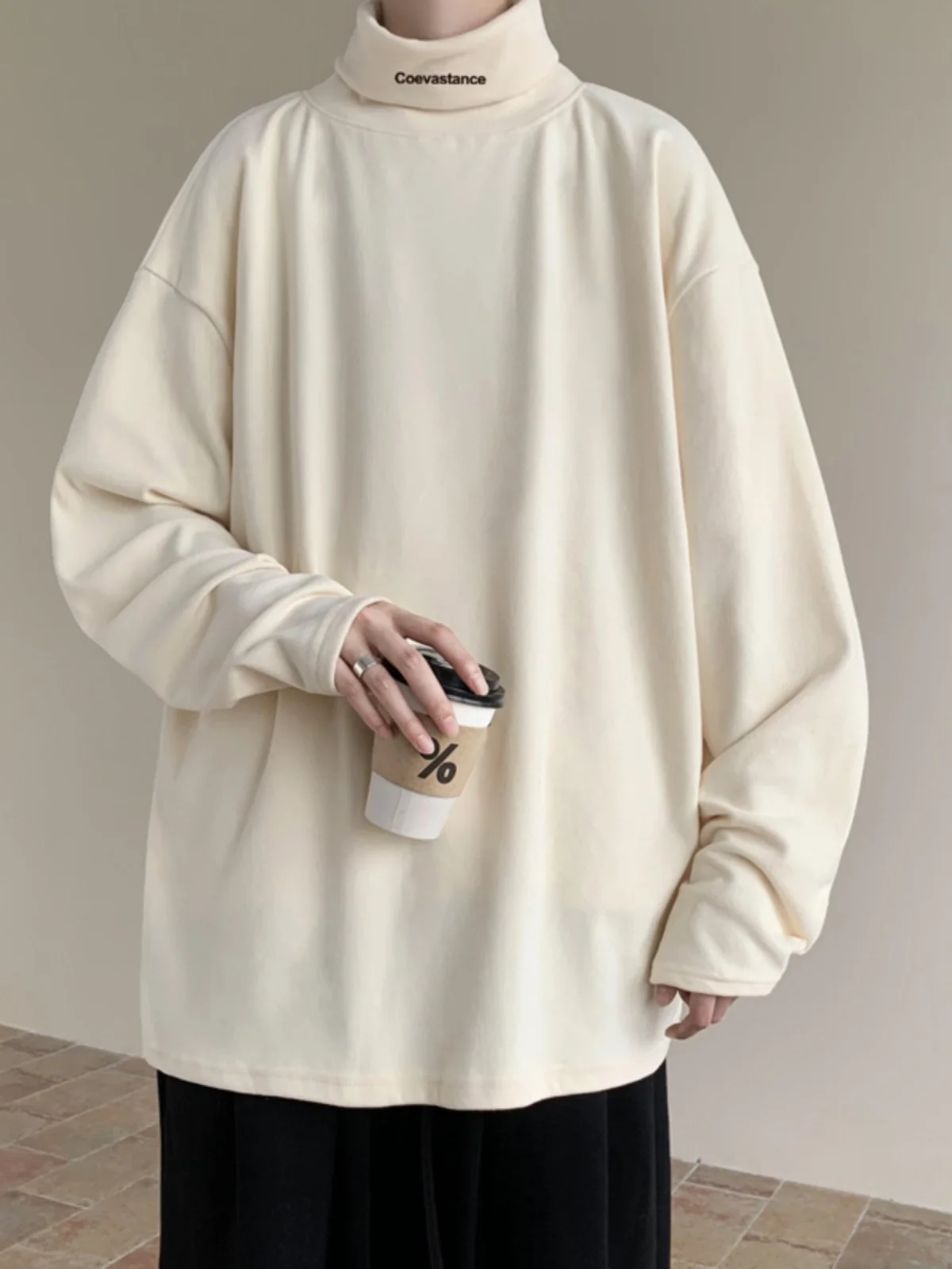 

High Collar Fleece Lined Thickened Spring Autumn Hoodie Men's Base Shirt Pure Color Warm Underwear Dervo Youth Casual Fashion