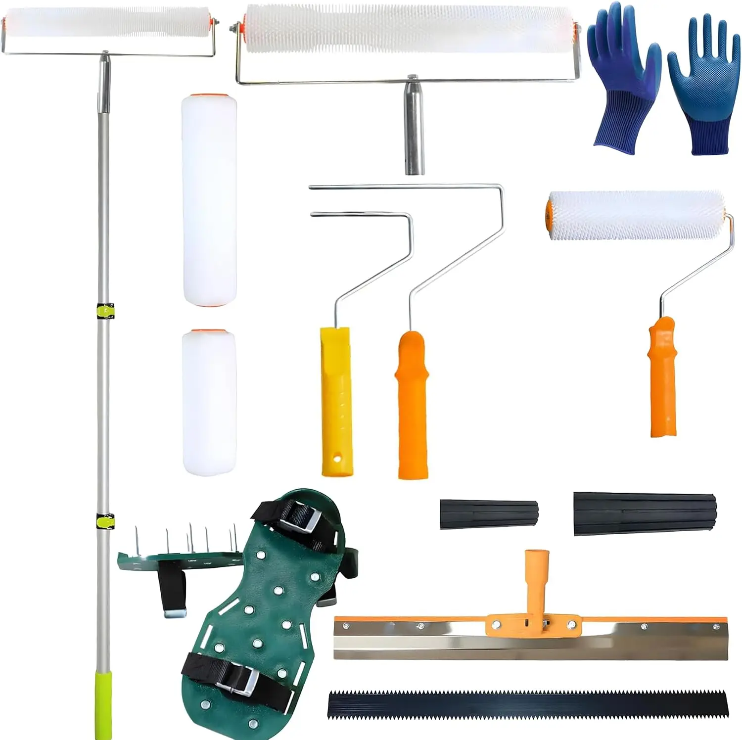 15‑piece self‑Leveling Cement Tool kit This Working Set Contains Telescopic Extension Pole, Multiple Paint Rollers, Notched Squeegee, Aerator Shoes and Work Gloves to Meet Most Floor Construction