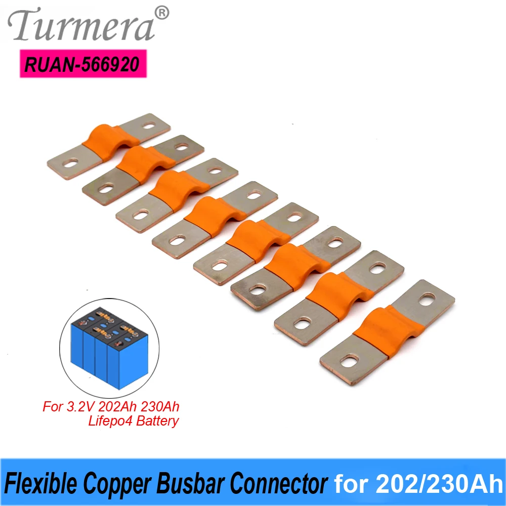 Turmera 8Pieces 12V Lifepo4 Battery Flexible Busbar Pure Copper Connecter Hole to Hole 56mm 2mm 400A for 3.2V 202Ah 230Ah Use