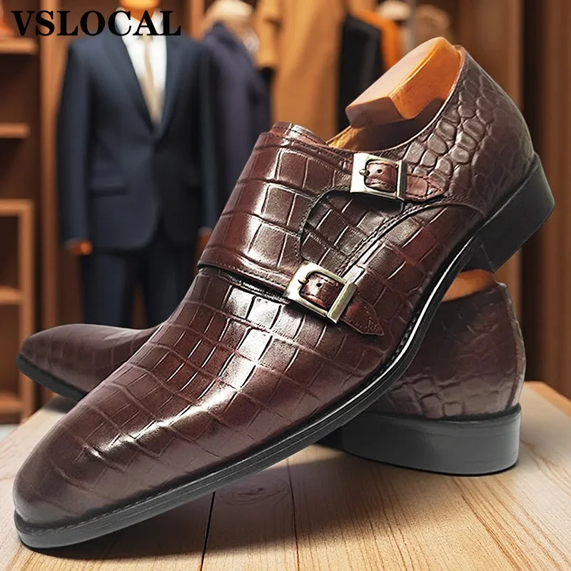 Luxury Men's Loafers Crocodile Print Formal Dress Men Casual Shoes Black Coffee Monk Strap Loafers Leather Shoes For Men