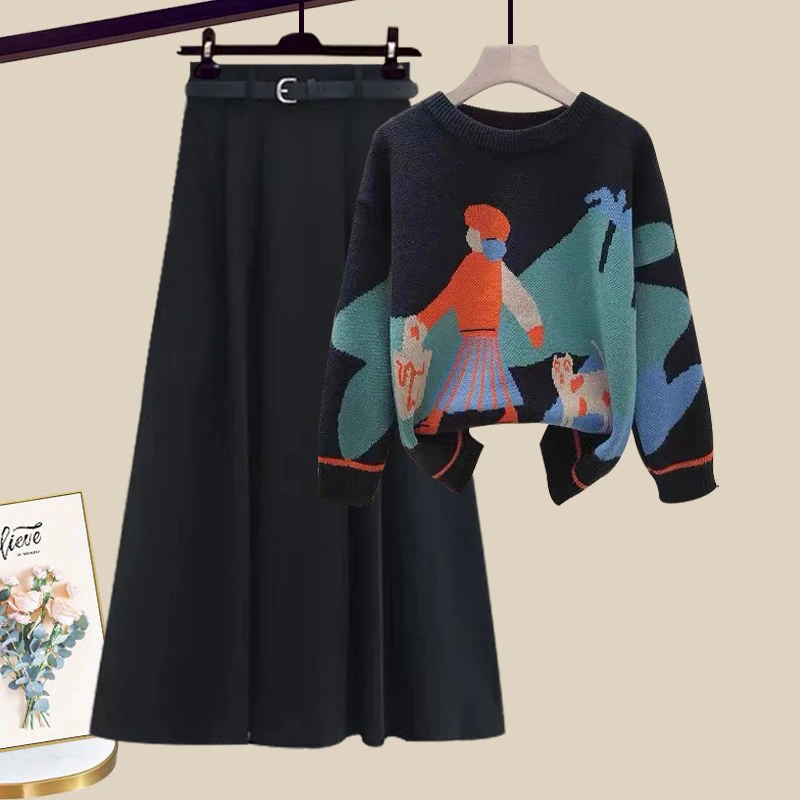 

Ladies' Lazy Sle Pullover Knitted Sweater Autumn Winter Loose Slimming Design High Waist Pleated Skirt Matching Set