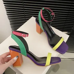 2024 New Fashion High Heel Sandals Square Toe Sexy Size Sandals Women Strap High Quality Ladies Sandals Wedges Shoes for Women