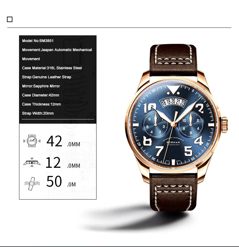 Borman Orologio automatico da uomo 42mm Orologio da polso meccanico pilota Zaffiro luminoso Miyota 9122 Mese Data della settimana