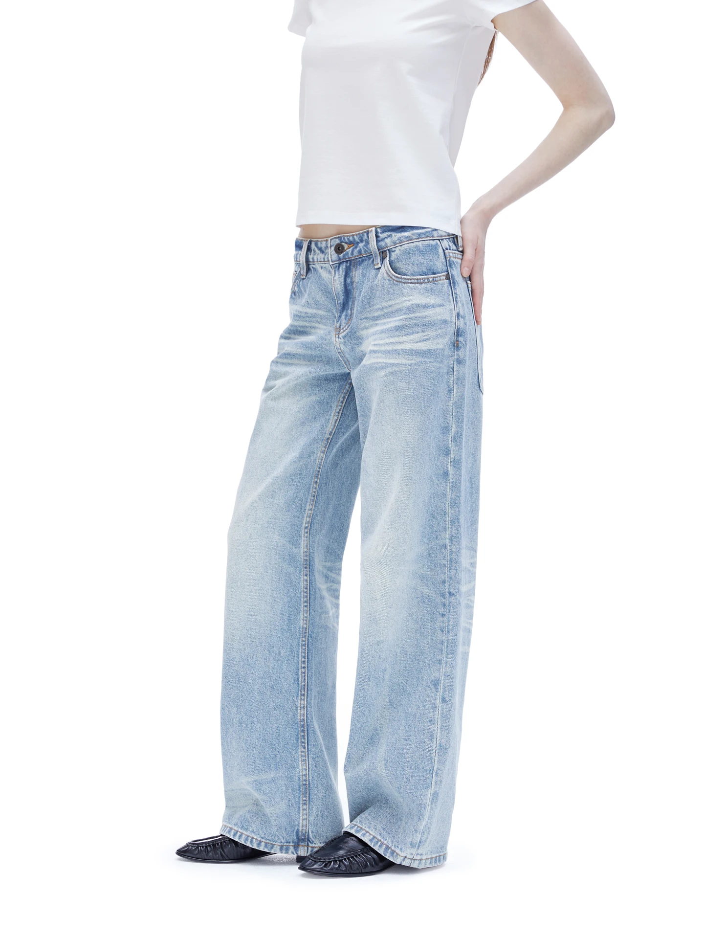 Low Waist Retro Washed Cotton Jeans Straight Leg Wide Leg Long Pants Versatile Ladies Jeans Comfortable Medium Thickness All ...