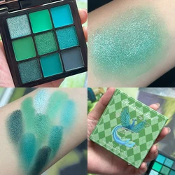 9 Colors Green Peacock Eyeshadow Palette, Pearly Glitter Sequins Finish Green Color Colorful Stage Makeup for For Music Festival