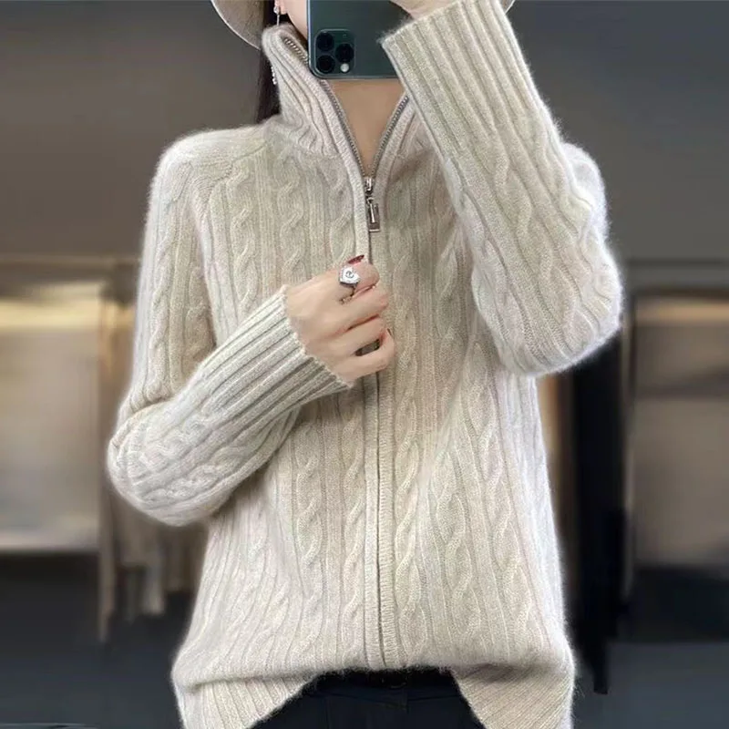 

Autumn And Winter New High-Necked Zipper Wool Cardigan Women's Twist Long-Sleeved Sweater Coat Loose Top