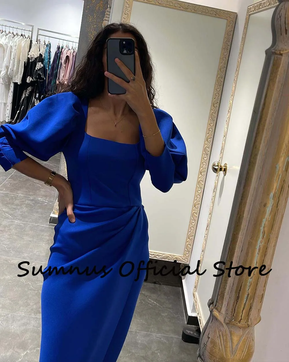 Sumnus Royal Blue Mermaid Evening Dresses Front Split Square Neck Half Sleeve Party Dress Floor Length Elegant Formal Gowns